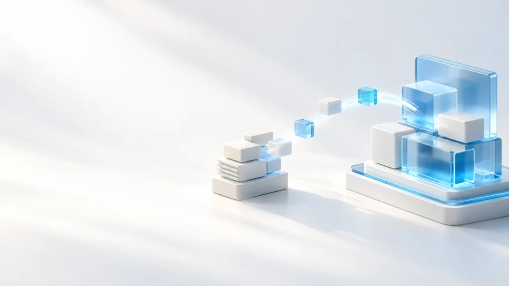 Abstrakt illustration af data, der flyttes fra et ældre system til en ny platform